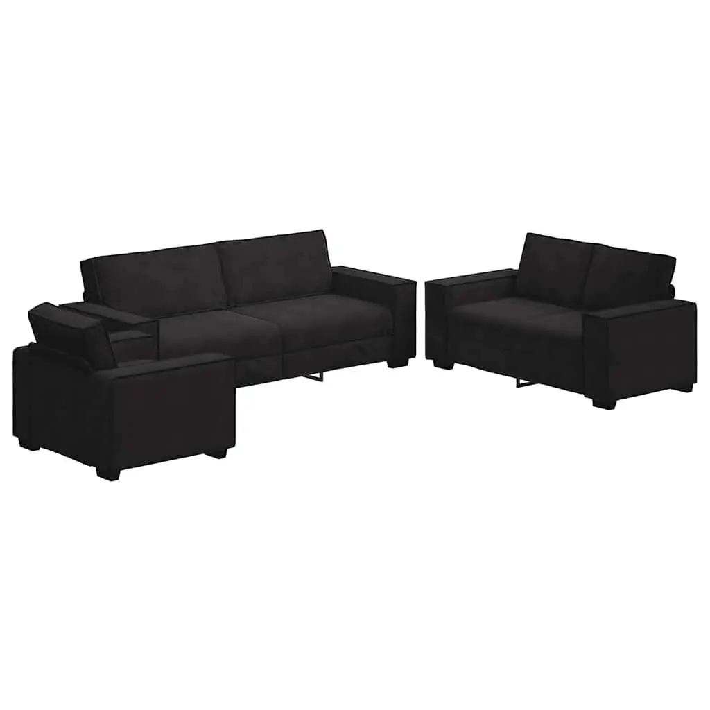 3 Piece Sofa Set Black Velvet Upholstered Lounge Suite Living Room Furniture