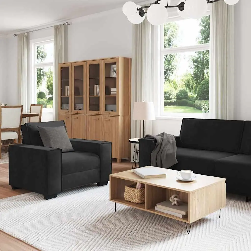3 Piece Sofa Set Black Velvet Upholstered Lounge Suite Living Room Furniture