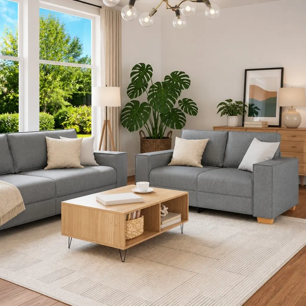2 Piece Sofa Set Grey Fabric Wooden and Metal Frame Living Room Lounge Couch