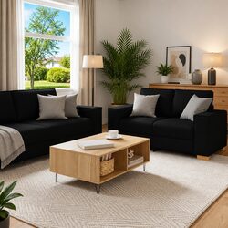 2 Piece Sofa Set with Cushions Black Fabric Living Room Lounge Couch Armrests