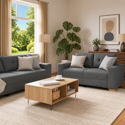 2 Piece Sofa Set Grey Fabric Lounge Suite Living Room Furniture Armrests