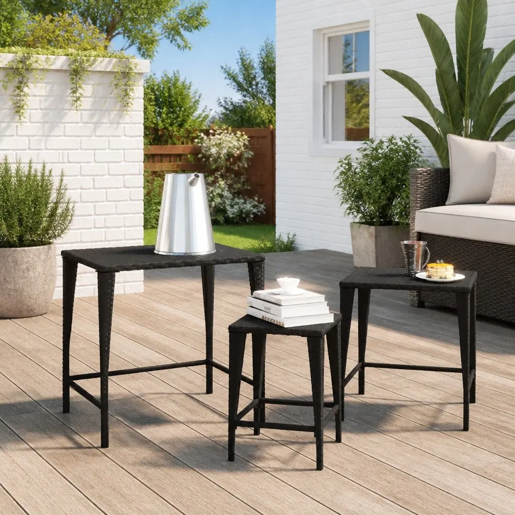 Outdoor Nesting Tables 3 Piece Set Black Garden Patio Furniture Stackable Design