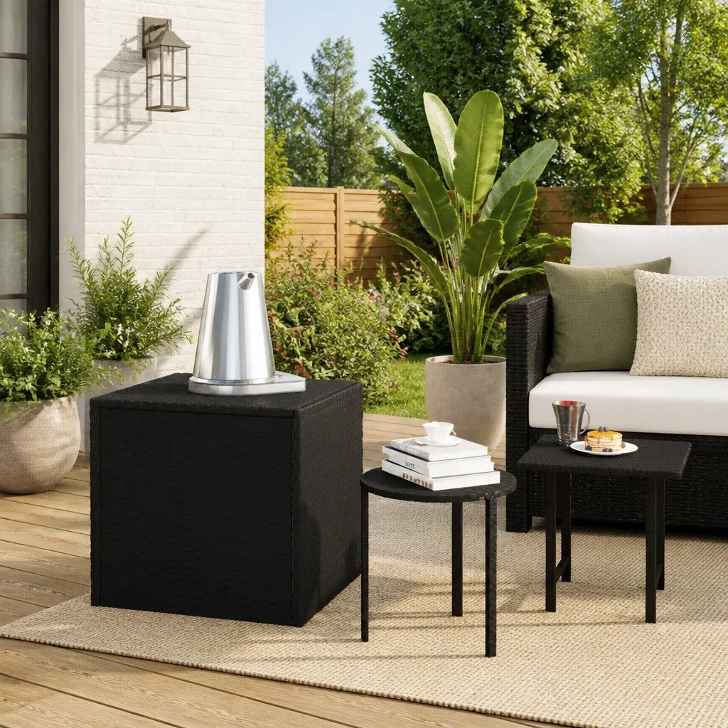 Outdoor Side Tables Set 3 pcs Powder-coated Steel PE Rattan Weather Resistant Black