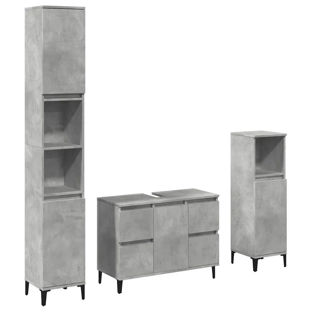 3 Piece Bathroom Furniture Set Engineered Wood Grey Storage Cabinet Vanity Cupboard
