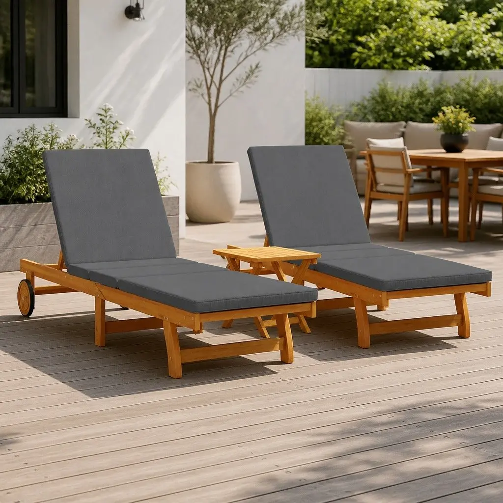Sun Lounger Acacia Wood Frame Polyester Fabric 3 Piece Outdoor Reclining Chair Set Brown