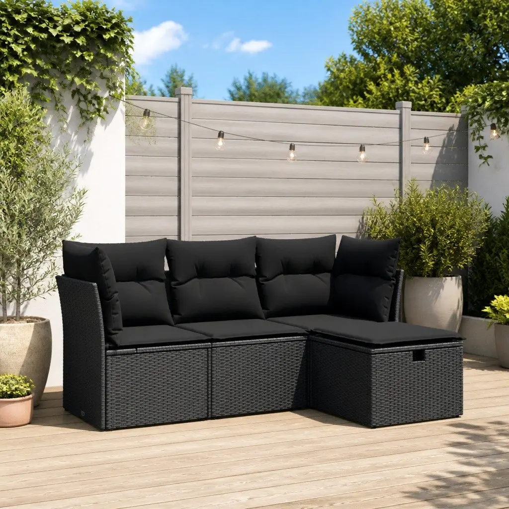 Garden Sofa Set Modular Outdoor Furniture 4 Piece Black Poly Rattan with Cushions
