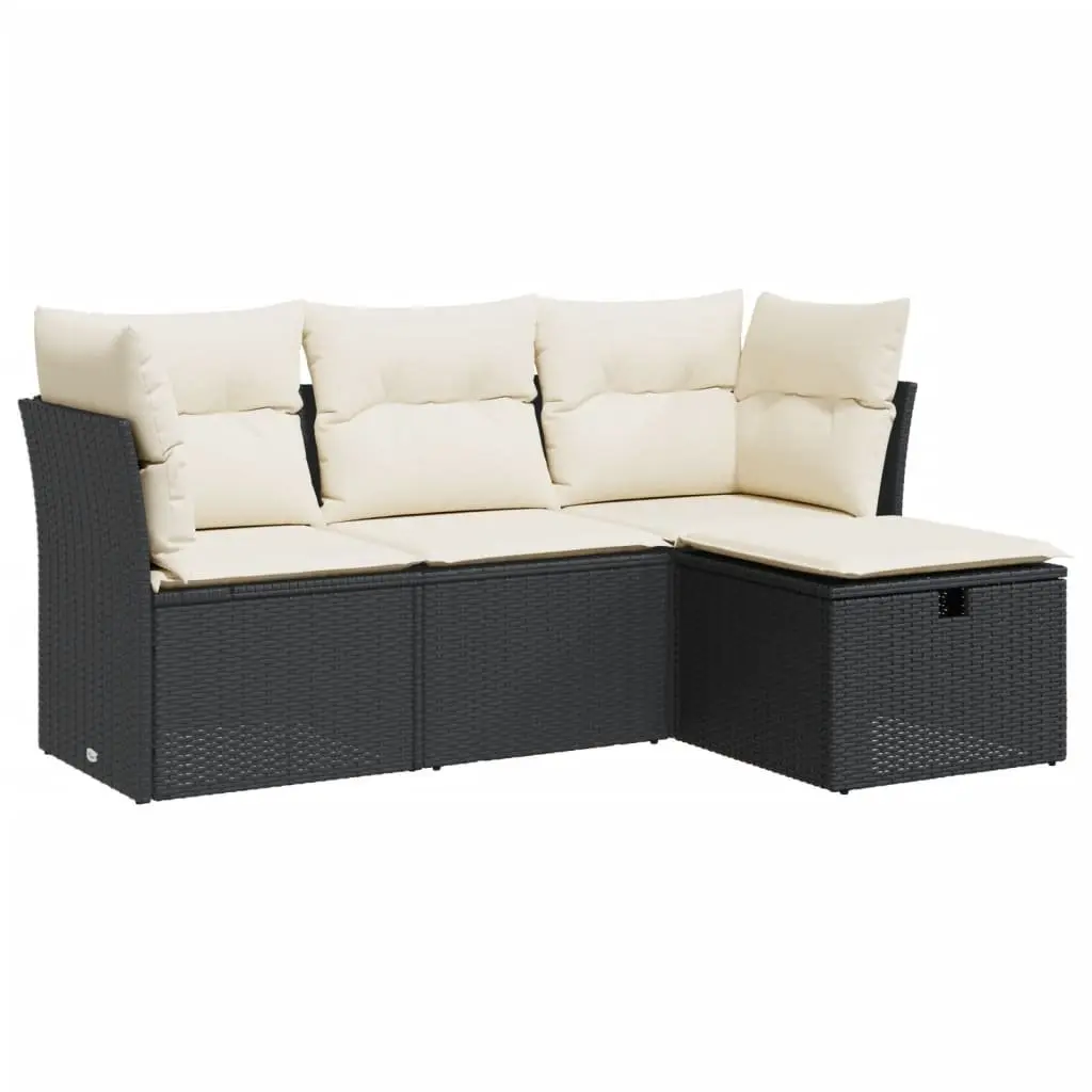 Garden Sofa Set 4 Piece Outdoor Furniture Black Poly Rattan Patio with Cushions