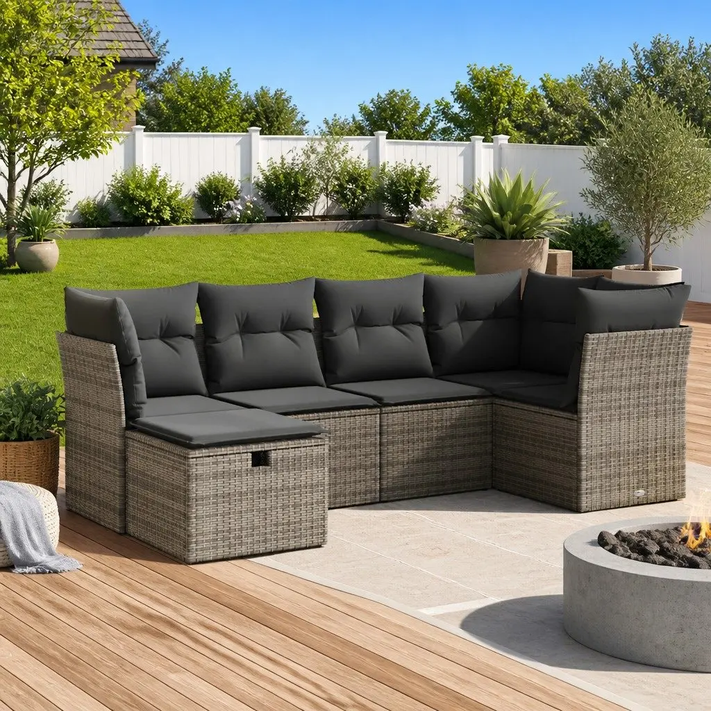 Garden Sofa Set 6 Piece Outdoor Furniture Grey Poly Rattan Modular Patio Seating