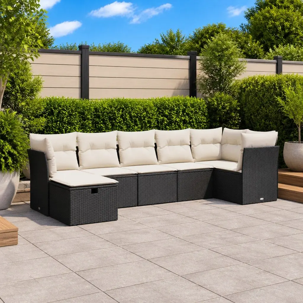 7 Piece Modular Garden Sofa Set Black Weather Resistant PE Rattan Patio Furniture with Cushions and Storage
