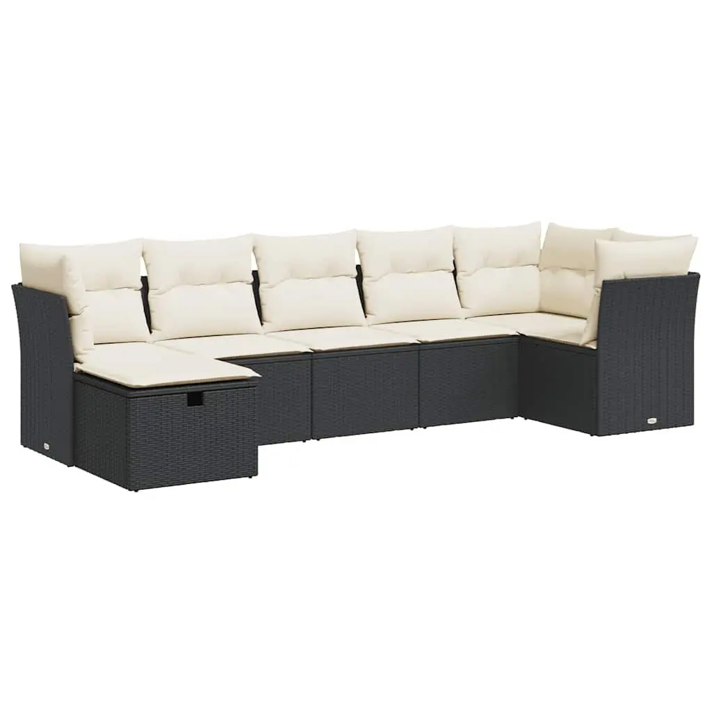 7 Piece Modular Garden Sofa Set Black Weather Resistant PE Rattan Patio Furniture with Cushions and Storage