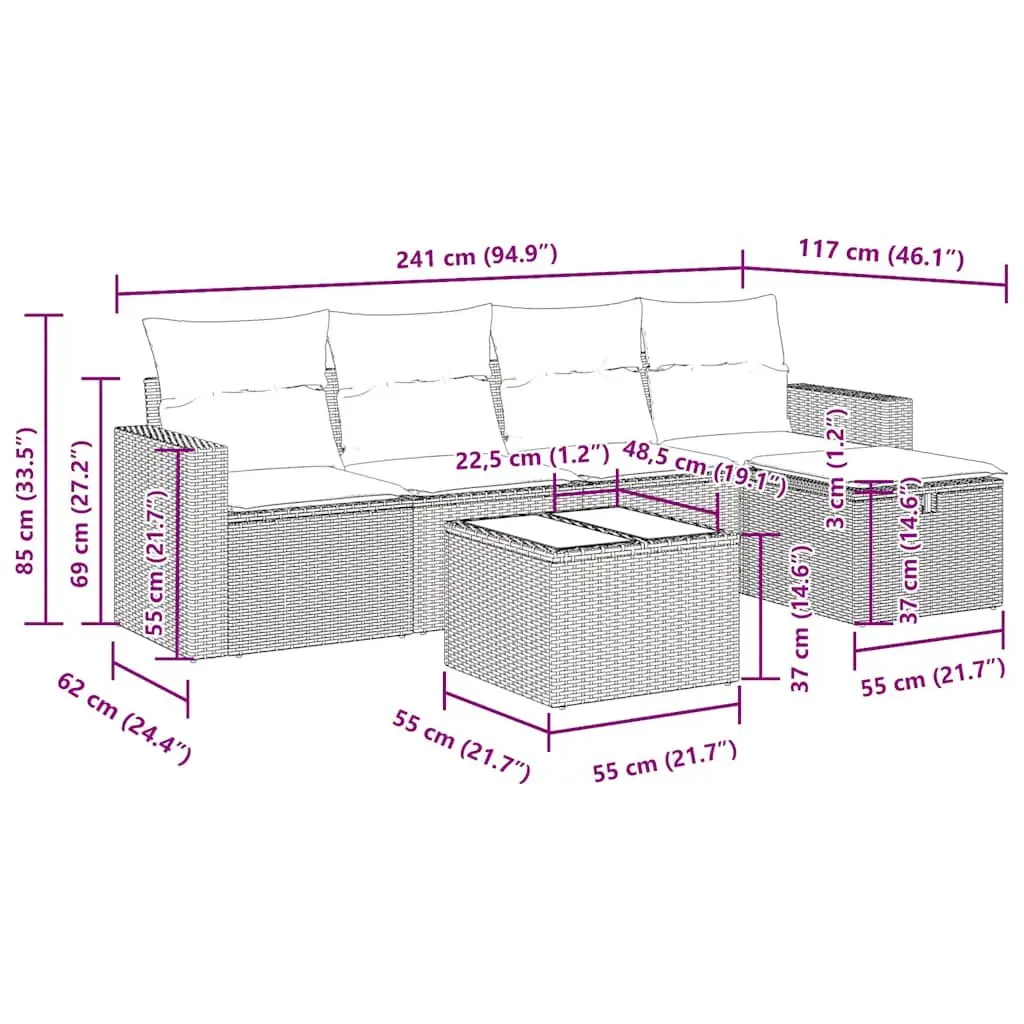 Garden Sofa Set Modular PE Rattan 6 Piece Outdoor Furniture Black