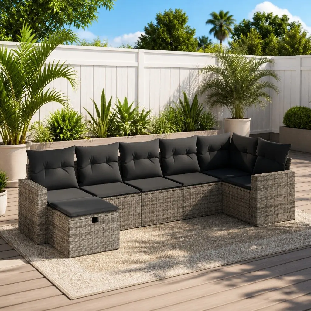 7 Piece Modular Outdoor Sofa Set Grey PE Rattan Furniture with Cushions and Storage for Patio Garden or Terrace