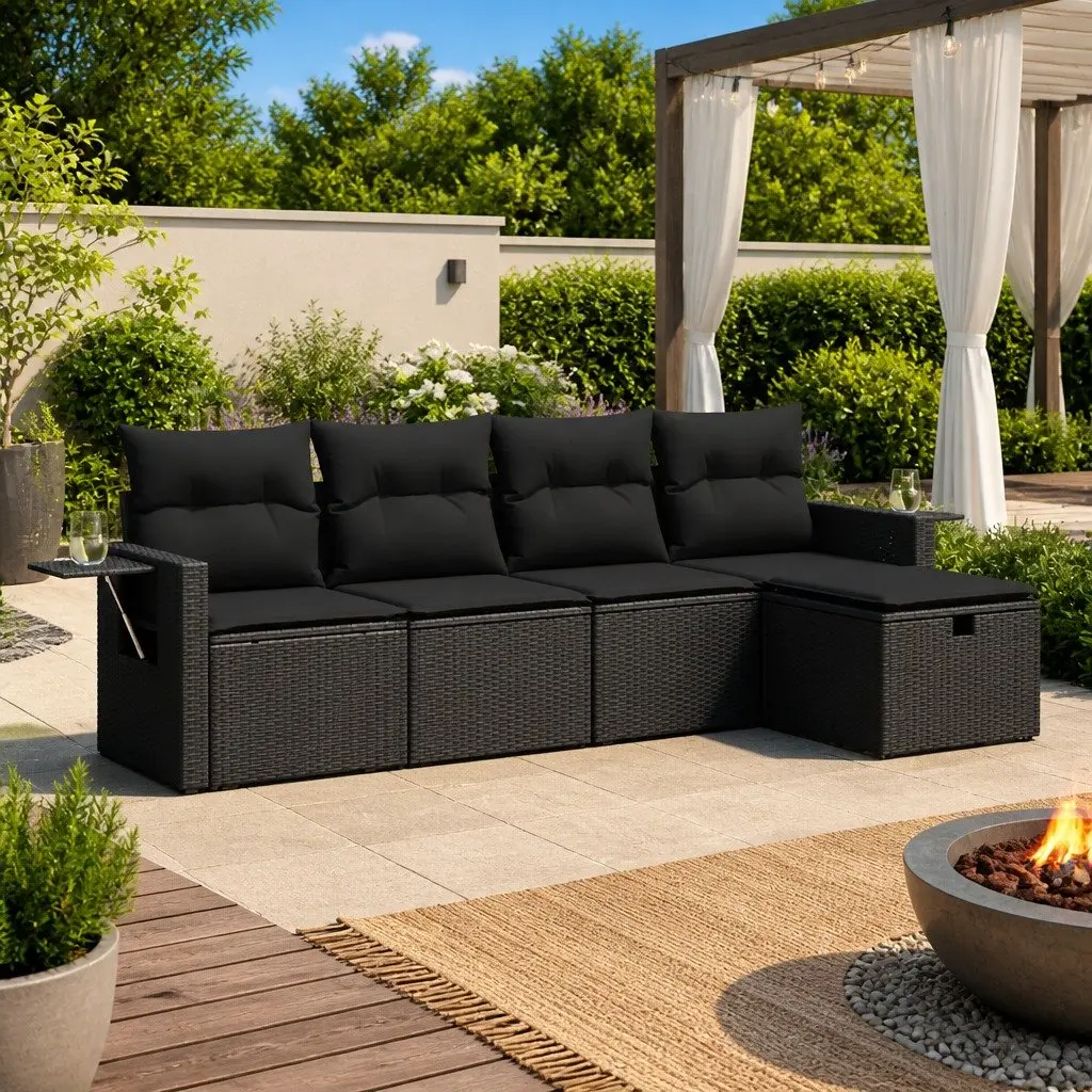 Garden Sofa Set 5 Piece Outdoor Furniture with Cushions Storage Black Poly