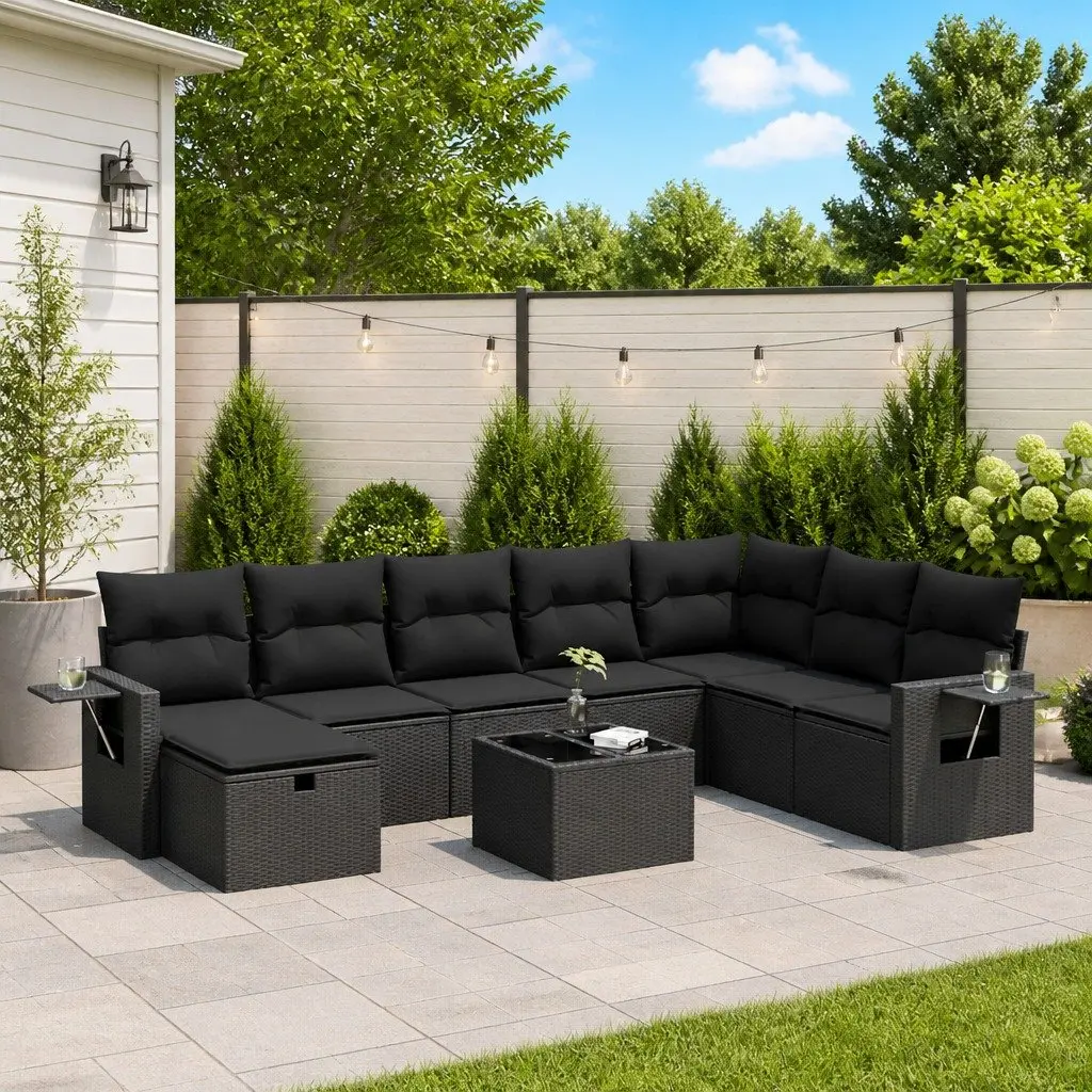 9 Piece Outdoor Garden Sofa Set PE Rattan Modular Furniture Black with Cushions