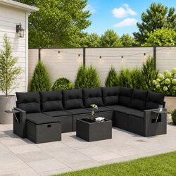 9 Piece Outdoor Garden Sofa Set Black Poly Rattan Patio Furniture with Cushions
