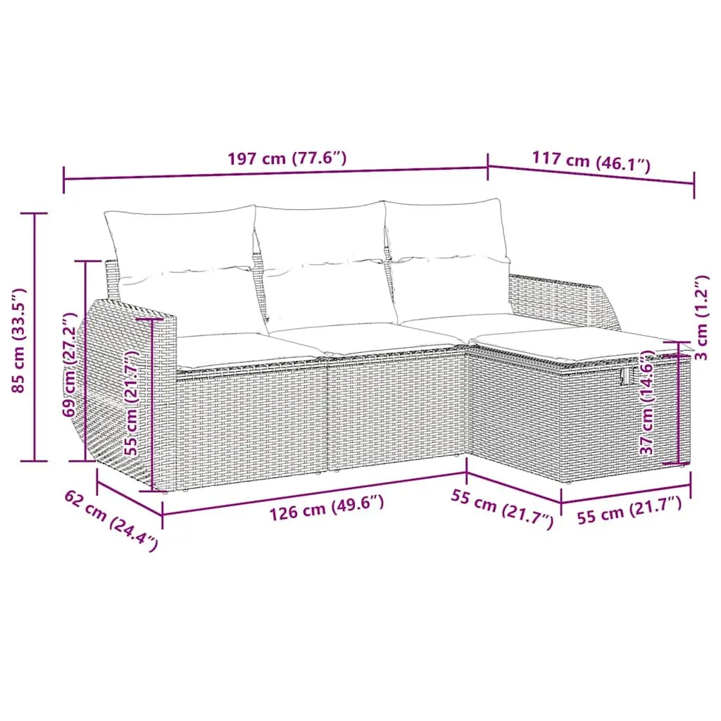 Garden Sofa Set 4 Piece Outdoor Patio Furniture Black Poly Rattan with Cushions