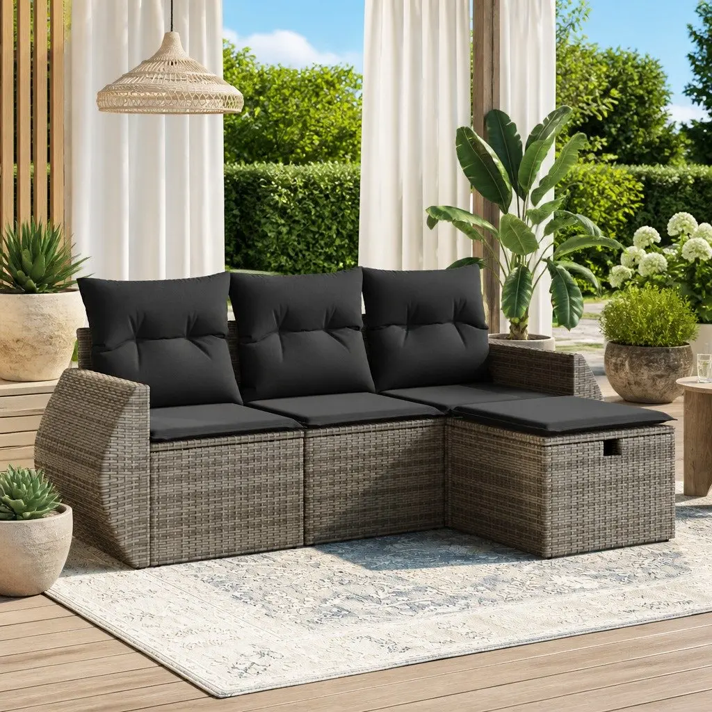 4 Piece Modular Garden Sofa Set Grey PE Rattan Outdoor Furniture with Cushions and Storage Compartment