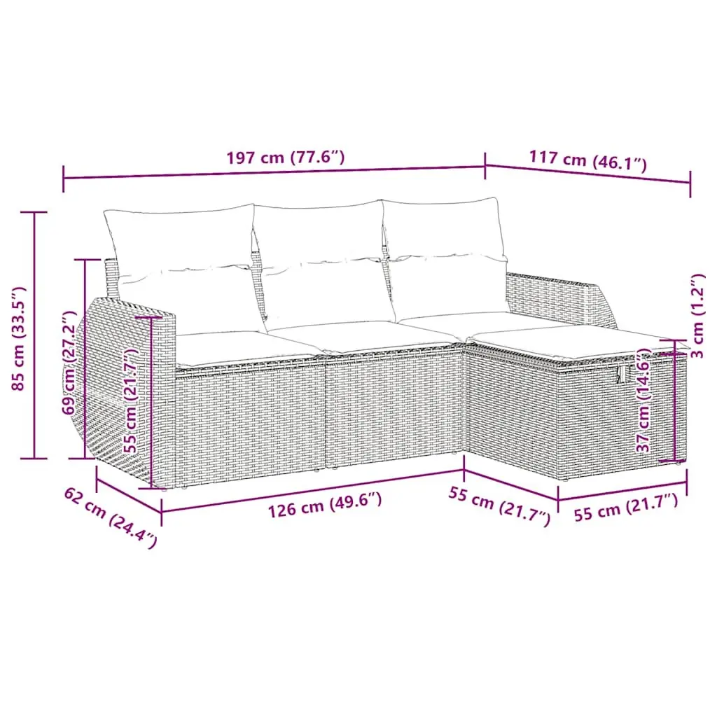 4 Piece Modular Garden Sofa Set Grey PE Rattan Outdoor Furniture with Cushions and Storage Compartment