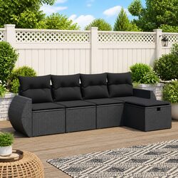 5 Piece Garden Sofa Set Outdoor Furniture Black Poly Rattan Patio Lounge with