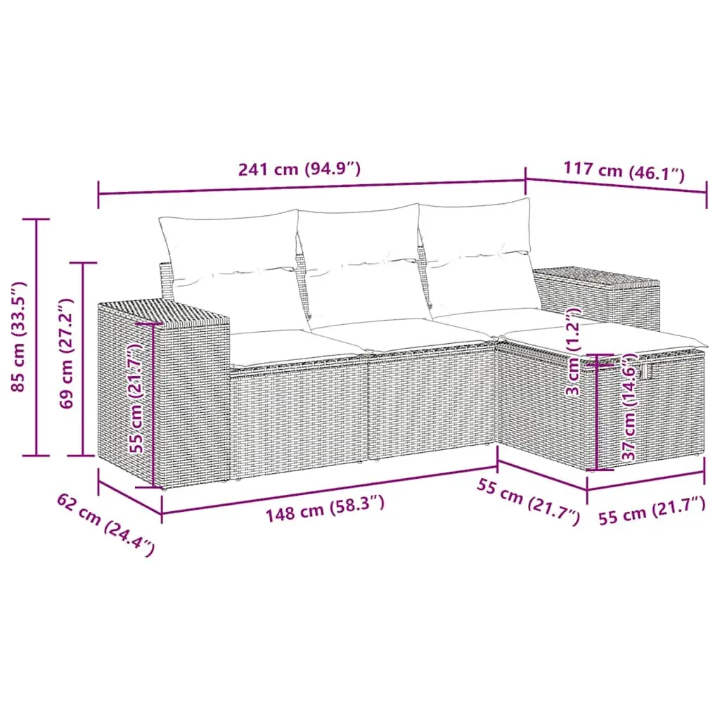Garden Sofa Set PE Rattan 4 Piece Modular Outdoor Furniture Grey