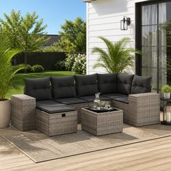 7 Piece Grey Outdoor Garden Sofa Set Poly Rattan Patio Furniture with Cushions