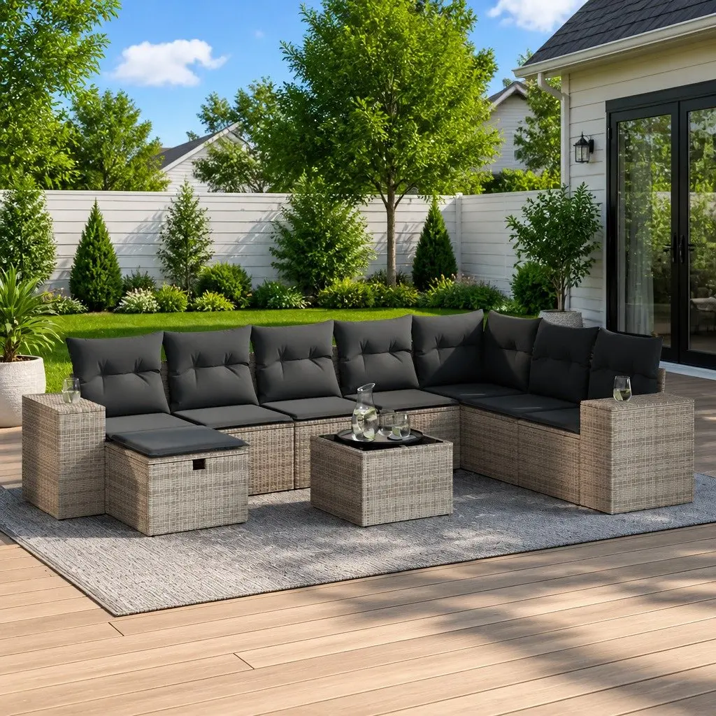 Garden Sofa Set 9 Piece Outdoor Furniture Grey Poly Rattan Patio Lounge with