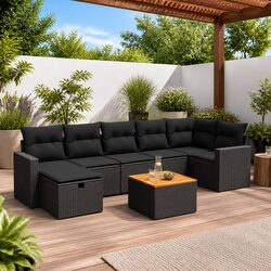 Durable Black Rattan Outdoor Sofa Set: 8 Pieces Included