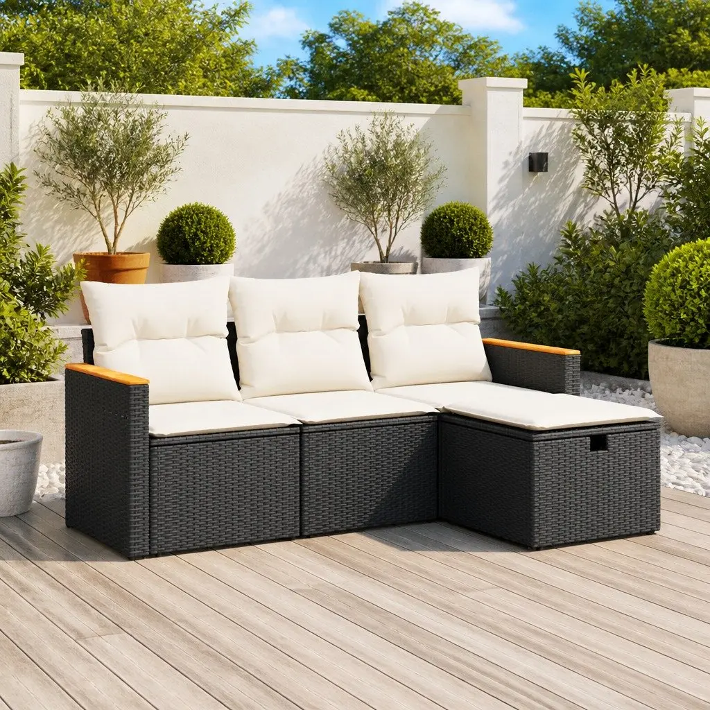 Garden Sofa Set 4 Piece Outdoor Furniture Black Poly Rattan with Cushions