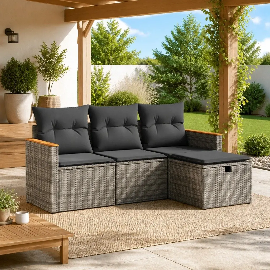 Garden Sofa Set 4 Piece Modular Outdoor Furniture PE Rattan Grey with Cushions