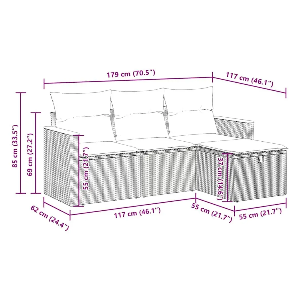 Garden Sofa Set 4 Piece Modular Outdoor Furniture PE Rattan Grey with Cushions