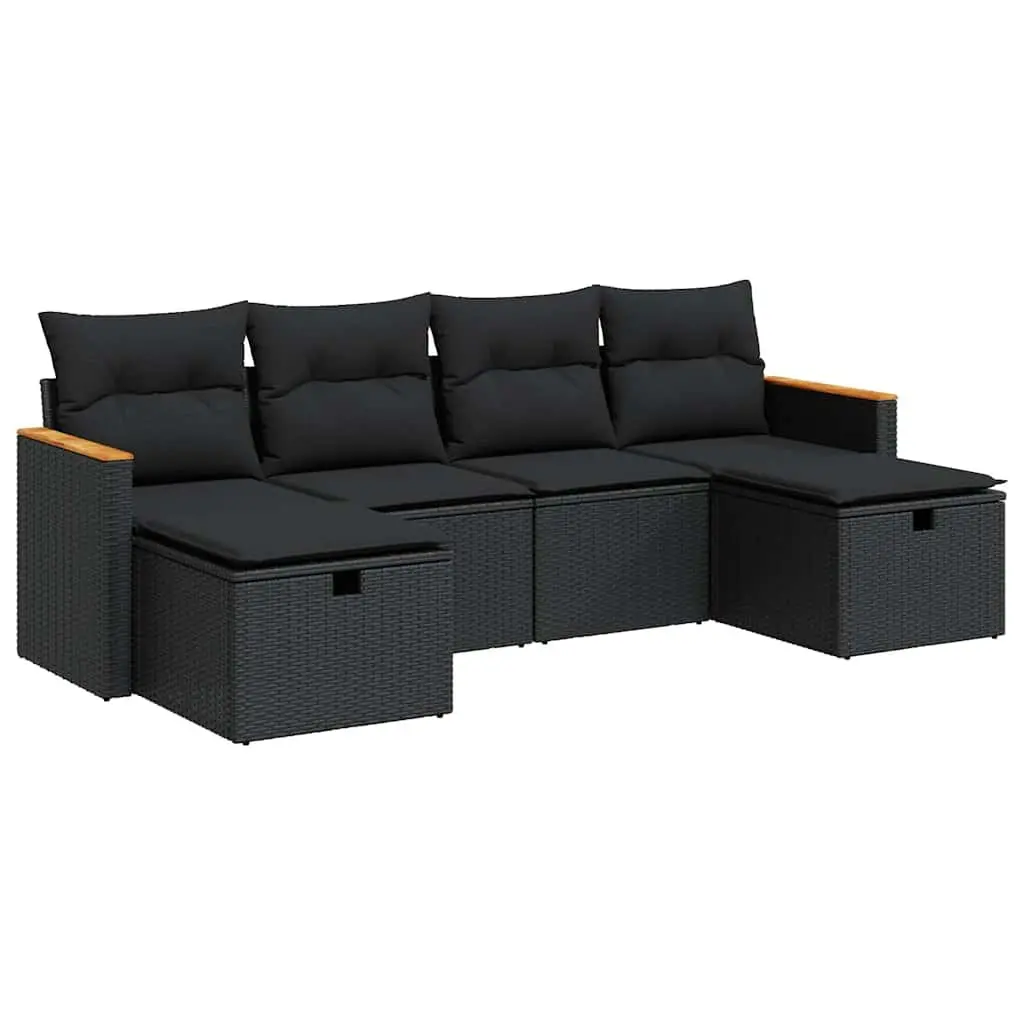 Garden Sofa Set 6 Piece PE Rattan Outdoor Furniture Black with Cushions