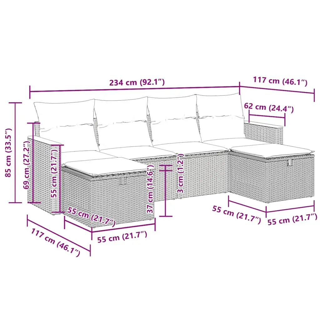 Garden Sofa Set 6 Piece PE Rattan Outdoor Furniture Black with Cushions