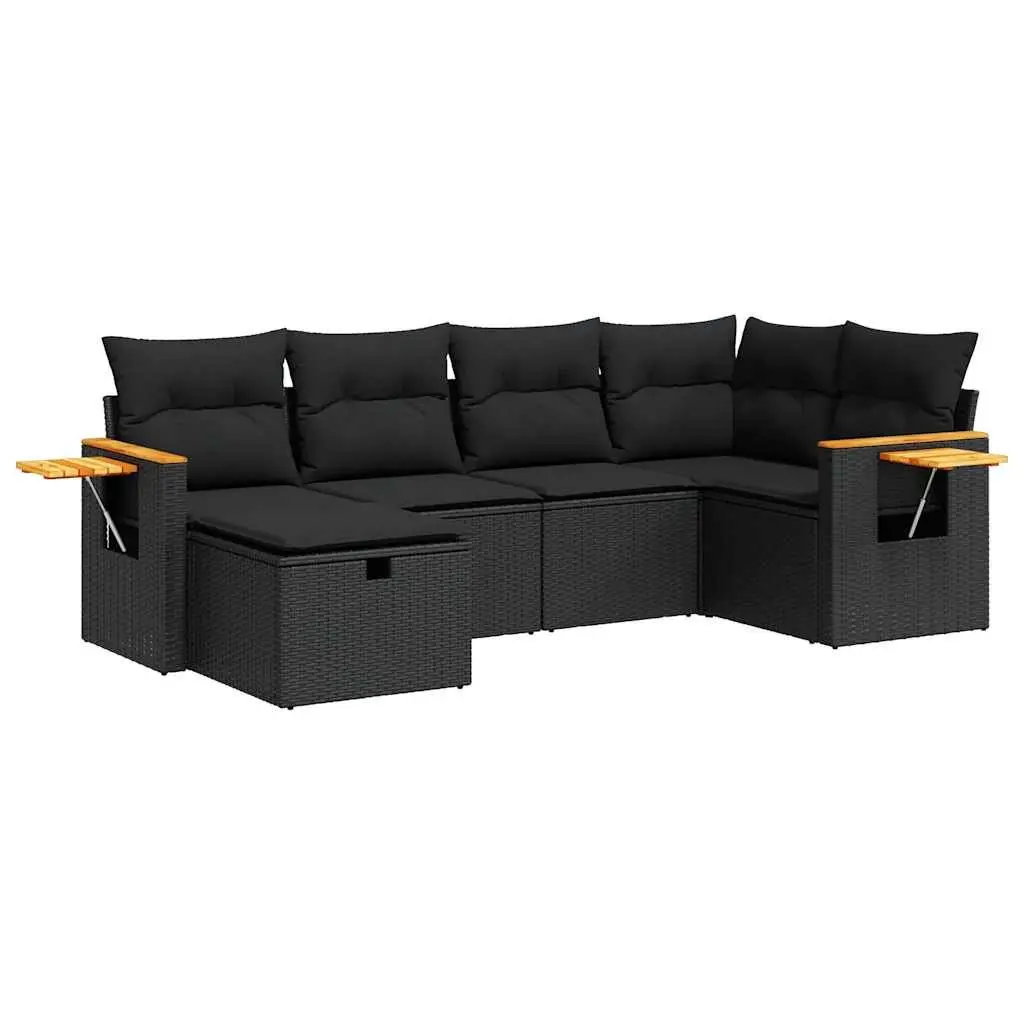 6 Piece Outdoor Garden Sofa Set Black Poly Rattan Cushions Storage