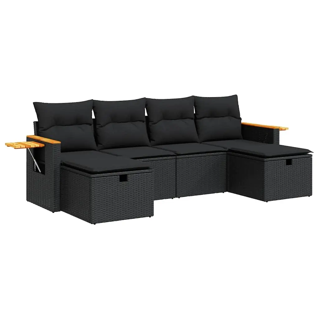6 Piece Garden Sofa Set Outdoor Furniture Black Poly Rattan Seating with Storage and Removable Cushion Covers
