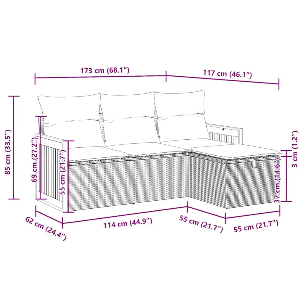 4 Piece Outdoor Sofa Set Grey PE Rattan Durable Patio Furniture with Storage Cushions for Garden and Terrace