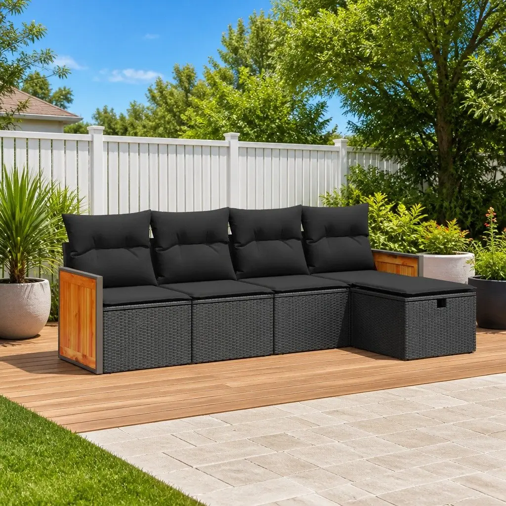 Garden Sofa Set PE Rattan Powder-coated Steel 5 Piece Outdoor Patio Furniture with Cushions Storage Black