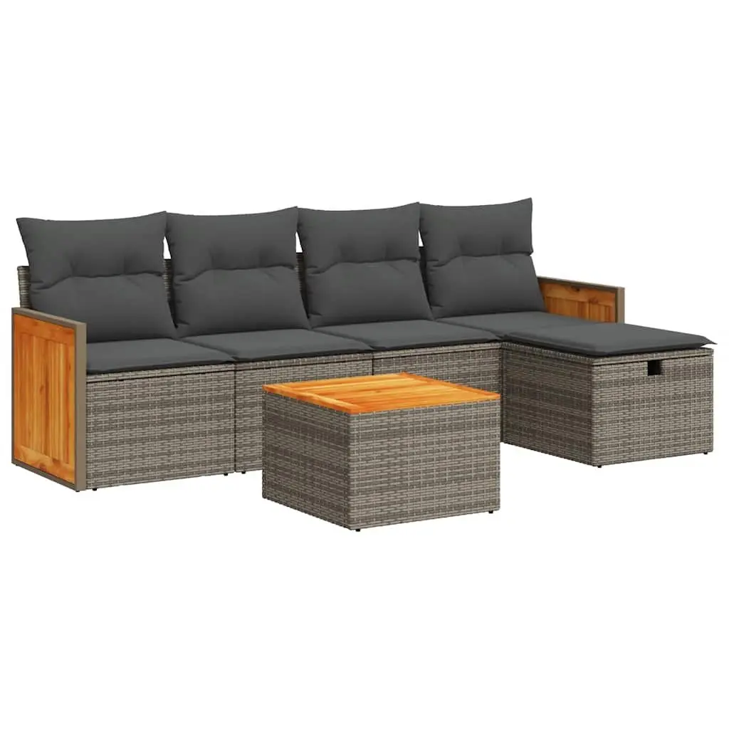 Garden Sofa Set 6 Piece Grey PE Rattan Outdoor Furniture with Acacia Wood Table and Storage Cushions