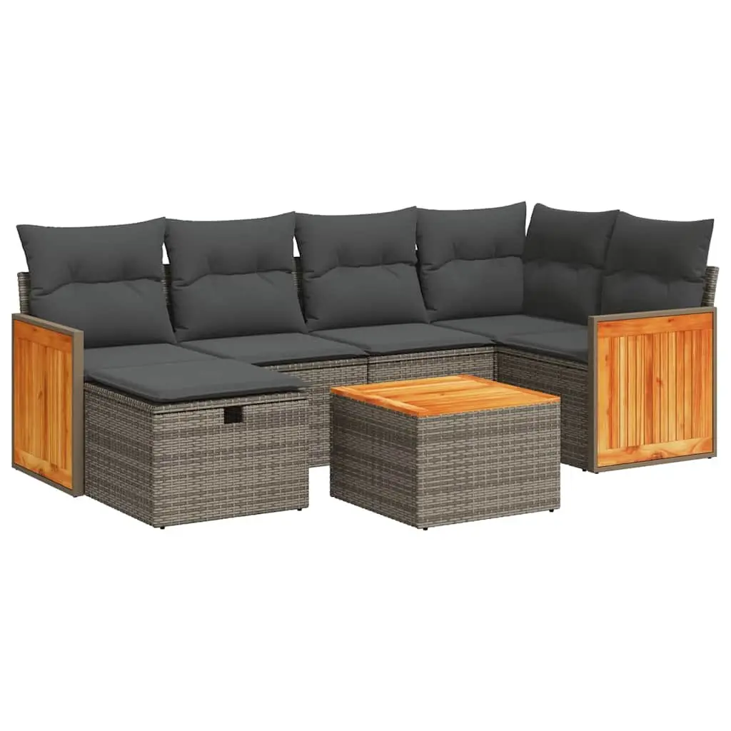 7 Piece Garden Sofa Set PE Rattan Powder-Coated Steel Frame Acacia Wood Top Grey Outdoor Patio Furniture