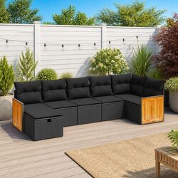 7 Piece Garden Sofa Set Outdoor Patio Furniture Black Poly Rattan with Cushions