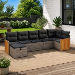 7 Piece Garden Sofa Set Grey Poly Rattan Outdoor Furniture Patio Lounge Cushions