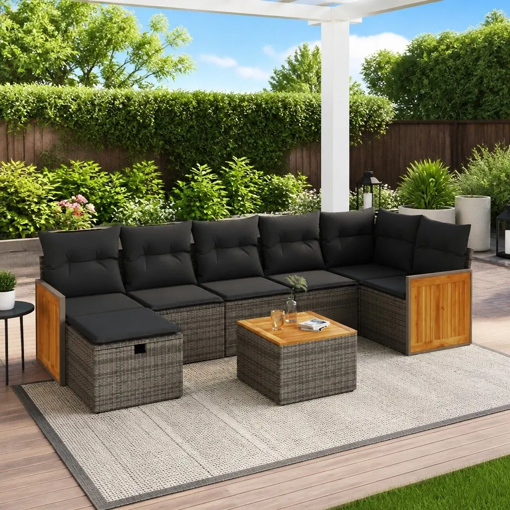 Garden Sofa Set 8 Piece Outdoor Furniture Grey PE Rattan Acacia Wood Table Powder-Coated Steel Frame