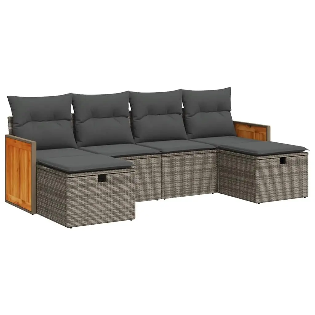 Garden Sofa Set 6 Piece Grey PE Rattan with Powder Coated Steel Frame and Storage Cushions