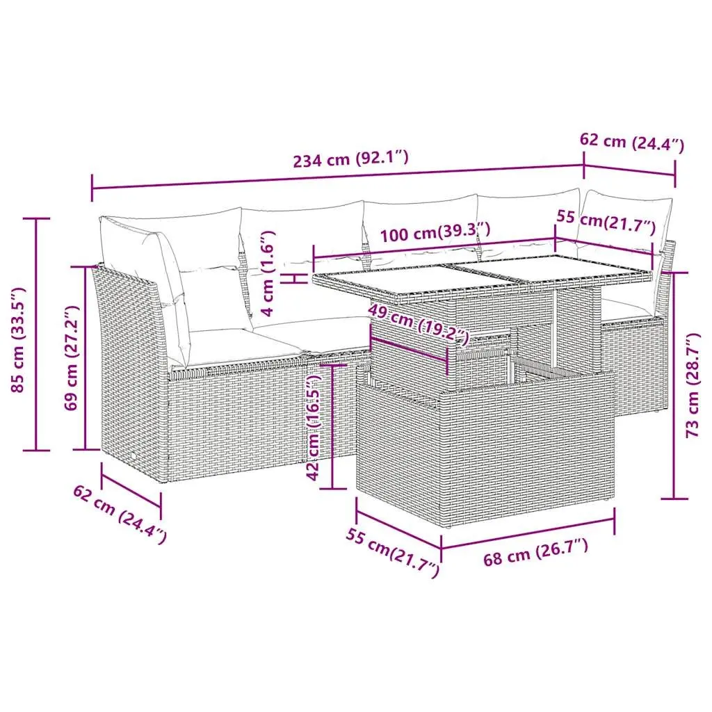 5 Piece Outdoor Garden Sofa Set PE Rattan Frame Adjustable Tabletop Black