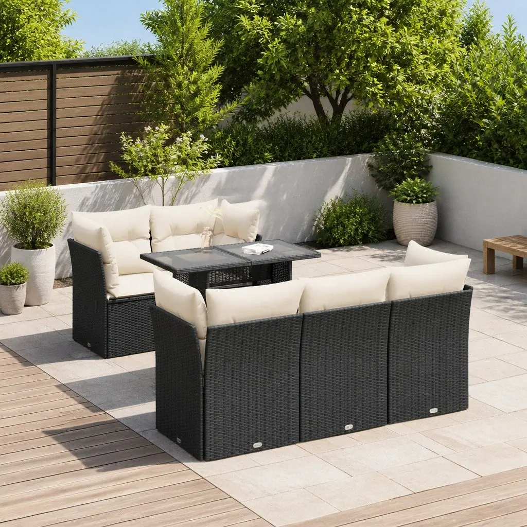 Garden Sofa Set 6 Piece PE Rattan Frame Powder-Coated Steel Adjustable Table Black