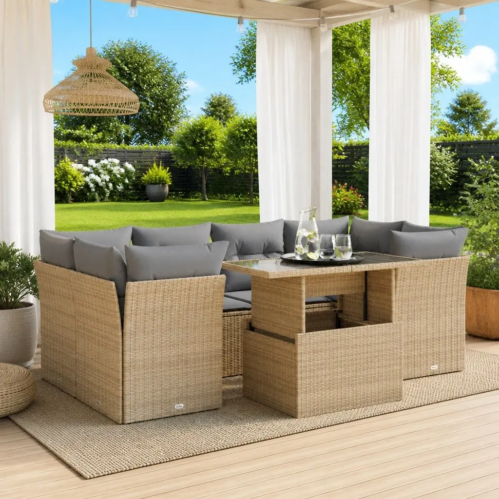 7 Piece Outdoor Patio Furniture Set Beige Poly Rattan Lounge with Adjustable Table and Storage Function for Gardens and Backyards
