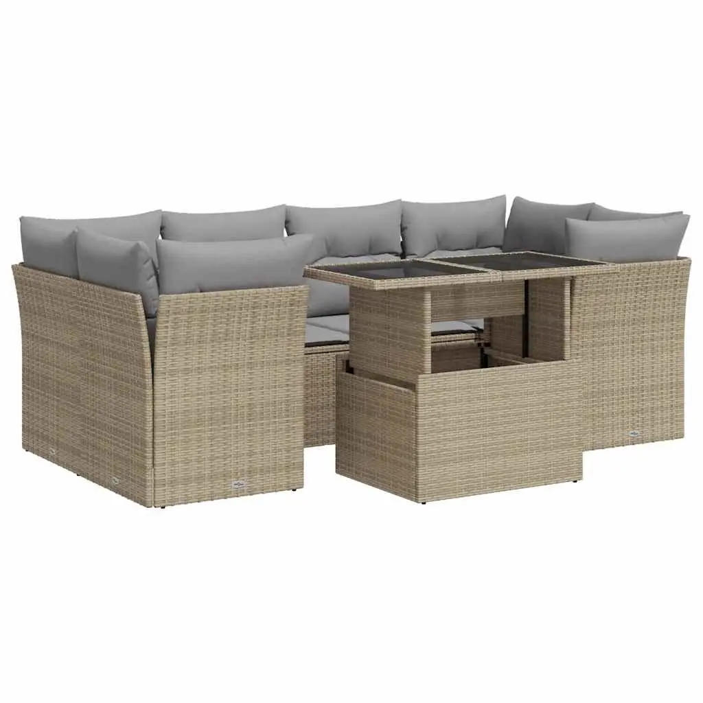 7 Piece Outdoor Patio Furniture Set Beige Poly Rattan Lounge with Adjustable Table and Storage Function for Gardens and Backyards