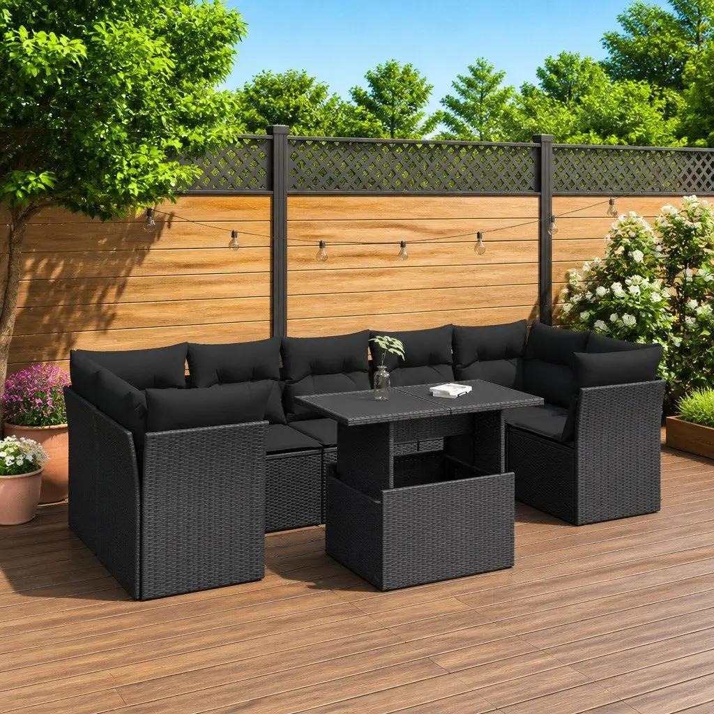 8 Piece Patio Sofa Set Black PE Rattan Outdoor Furniture with Storage Adjustable Tabletop Removable Cushion Covers