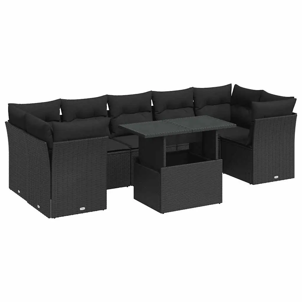 8 Piece Patio Sofa Set Black PE Rattan Outdoor Furniture with Storage Adjustable Tabletop Removable Cushion Covers