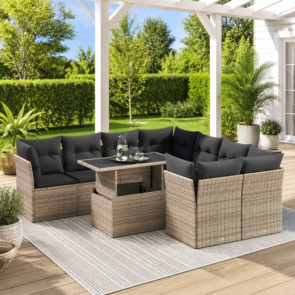 9 Piece Outdoor Furniture Set Grey PE Rattan with Storage Cushions and Adjustable Table