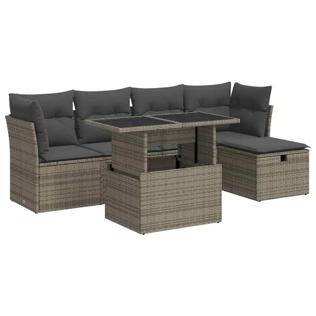 Garden Sofa Set 6 Piece PE Rattan Outdoor Furniture Grey with Cushions and Storage